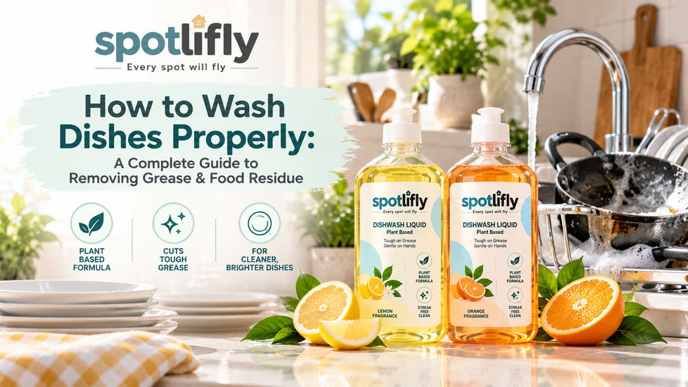 Spotlifly plant-based dishwash liquid for removing grease and food residue from dishes, utensils, kadais and cookware