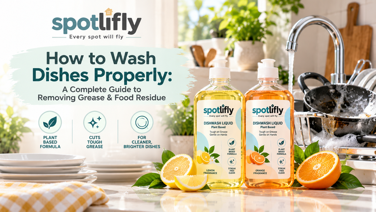 Spotlifly plant-based dishwash liquid for removing grease and food residue from dishes, utensils, kadais and cookware