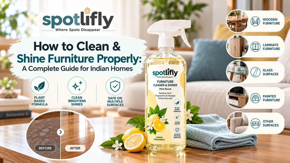 Spotlifly plant-based furniture cleaner and shiner for cleaning dust, fingerprints and smudges from wood, laminate, glass and painted furniture surfaces