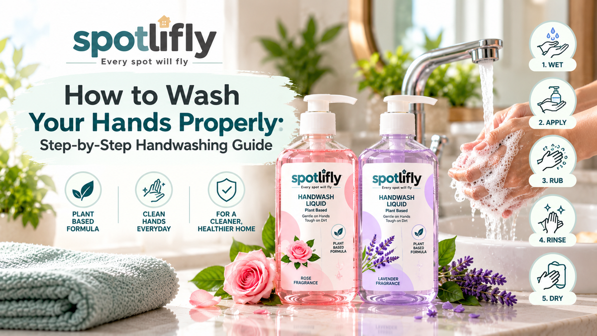 Spotlifly plant-based handwash liquid in rose and lavender variants with step-by-step proper handwashing guide