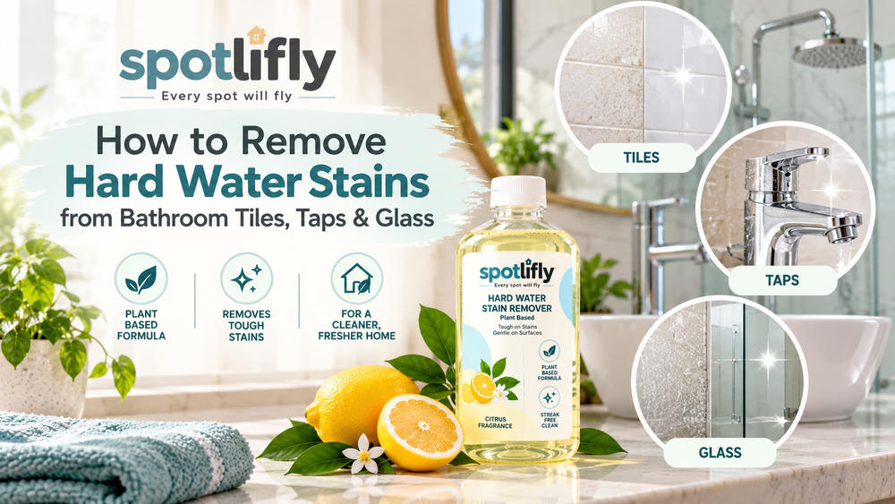 Spotlifly plant-based hard water stain remover for removing hard water stains from bathroom tiles, taps and glass