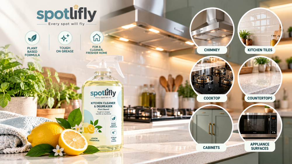 Spotlifly plant-based kitchen cleaner and degreaser for grease on kitchen tiles, chimney, cooktop, countertops, cabinets and appliance surfaces