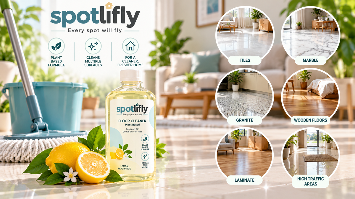 Spotlifly plant-based floor cleaner for cleaning tiles, marble, granite, wooden floors, laminate and high-traffic areas