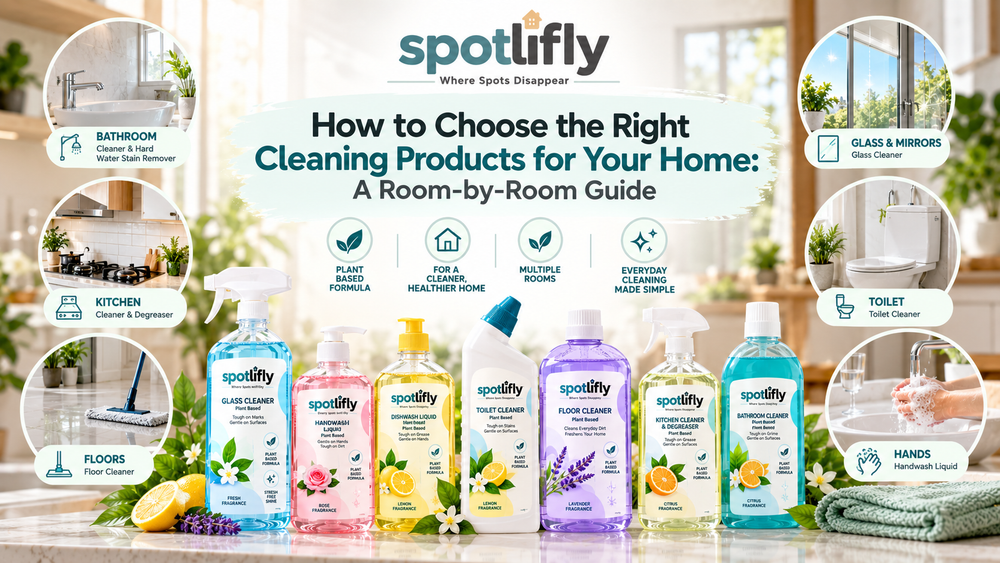 Spotlifly plant-based home cleaning products for bathrooms, kitchens, floors, glass, toilets, dishes and handwashing in modern Indian homes